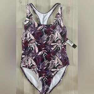 NEW Nicole Miller One Piece Racer Back Swimsuit Purple Leaf Size Large - NWT